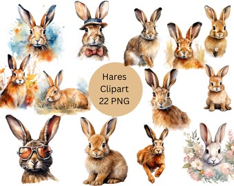 Watercolor Hares Clipart, PNG digital files on transparent background, sublimation, commercial use