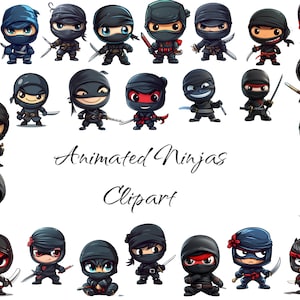 Geanimeerde Ninjas Clipart, digitale PNG-bestanden op een transparante achtergrond, plakboek, uitnodigingen, commercieel gebruik, instant download