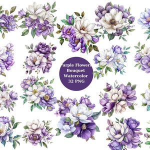 Aquarel 32 paarse bloemen boeket clipart, transparante achtergrond, hoge kwaliteit, clipart, 12 x 12, commercieel gebruik