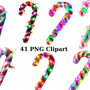 41 Bastón de caramelo con luces navideñas, Clipart navideño, imágenes PNG individuales sobre fondo transparente, sublimación