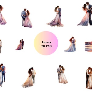 28 cliparts aquarelle amoureux, clipart romantique, images individuelles PNG sur fond transparent, sublimation, usage commercial
