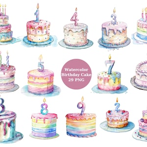 Clipart de bolo de aniversário em aquarela, arquivos digitais PNG em fundo transparente, sublimação, uso comercial
