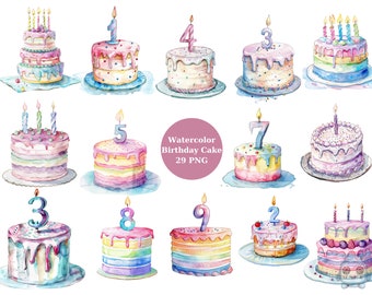 Aquarel verjaardagstaart clipart, digitale PNG-bestanden op transparante achtergrond, sublimatie, commercieel gebruik