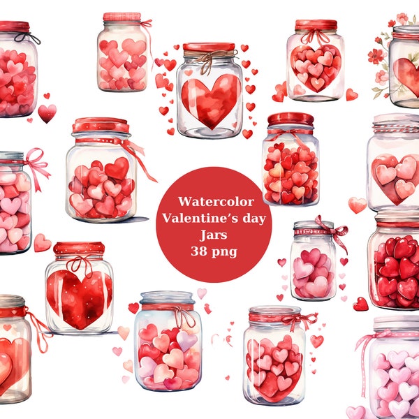 Watercolor Heart Jars Clipart, PNG digital files on transparent background, sublimation, commercial use