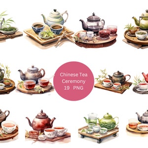 19 clipart ad acquerello della cerimonia del tè cinese, clipart Cina, singole immagini PNG su sfondo trasparente, sublimazione