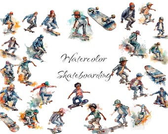 Watercolor Skateboarding clipart, PNG digital files on a transparent background, scrapbook, invitations, commercial use, instant download