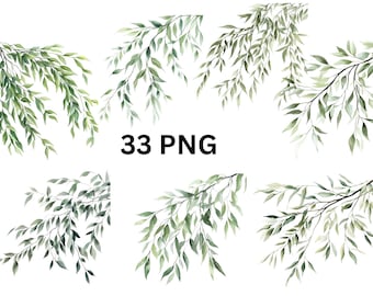 May include: A set of 33 watercolour illustrations of green leafy branches. The branches are arranged in various positions and sizes, creating a natural and organic feel.