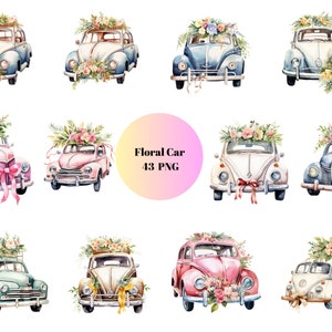 43 Florale Auto-Aquarell-Cliparts, Hochzeits-Cliparts, PNG-Einzelbilder auf transparentem Hintergrund, Sublimation, kommerzielle Nutzung
