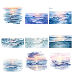 K&ouml;nnte beinhalten: Ein Aquarellbild eines Meeresbildes mit einem Sonnenuntergang &uuml;ber dem Meer. Das Wasser ist hellblau und der Himmel ist zartrosa und orange. Die Wellen rollen sanft und es sind ein paar Wolken am Himmel.