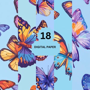 Papier numérique papillon, papillons de printemps fond bleu, papier de scrapbooking orange violet, téléchargement immédiat