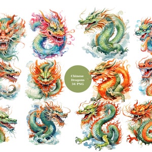 34 Clipart ad acquerello di draghi cinesi, Clipart Cina, singole immagini PNG su sfondo trasparente, sublimazione