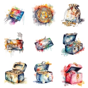 Soldi, Acquerello, 18 immagini PNG, sfondo trasparente, clipart, alta qualità, 12x12, uso commerciale