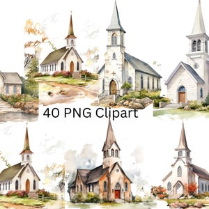 40 Kirchen Aquarell Clipart, PNG Einzelbilder auf transparentem Hintergrund, Sublimation, kommerzielle Nutzung