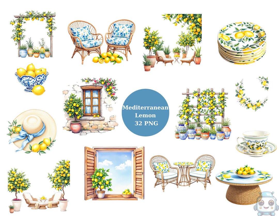Mediterranean Lemon Clipart Set – 32 PNG Watercolor Images | Citrus ...