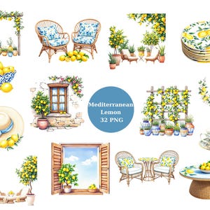 Mediterranean Lemon Clipart Set – 32 PNG Watercolor Images | Citrus Garden, Rattan Chairs, Blue Tiles, Summer Decor | Transparent Background