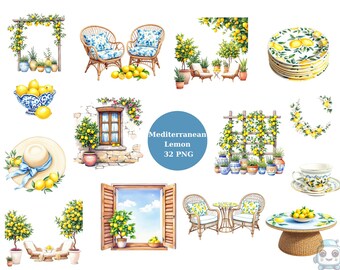 May include: Watercolor illustrations featuring a Mediterranean lemon theme. The image includes various elements such as plates, chairs, a hat, and a teacup, all adorned with lemon motifs. The text "Mediterranean Lemon 32 PNG" is also present.