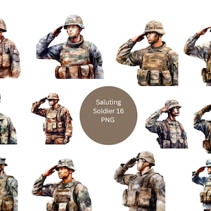 16 Saluting Soldiers Watercolor Clipart, Military Clipart, PNG digital files on transparent background, sublimation, commercial use