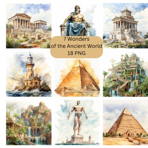 Aquarel 7 wonderen van de antieke wereld clipart, digitale PNG-bestanden, sublimatie, commercieel gebruik