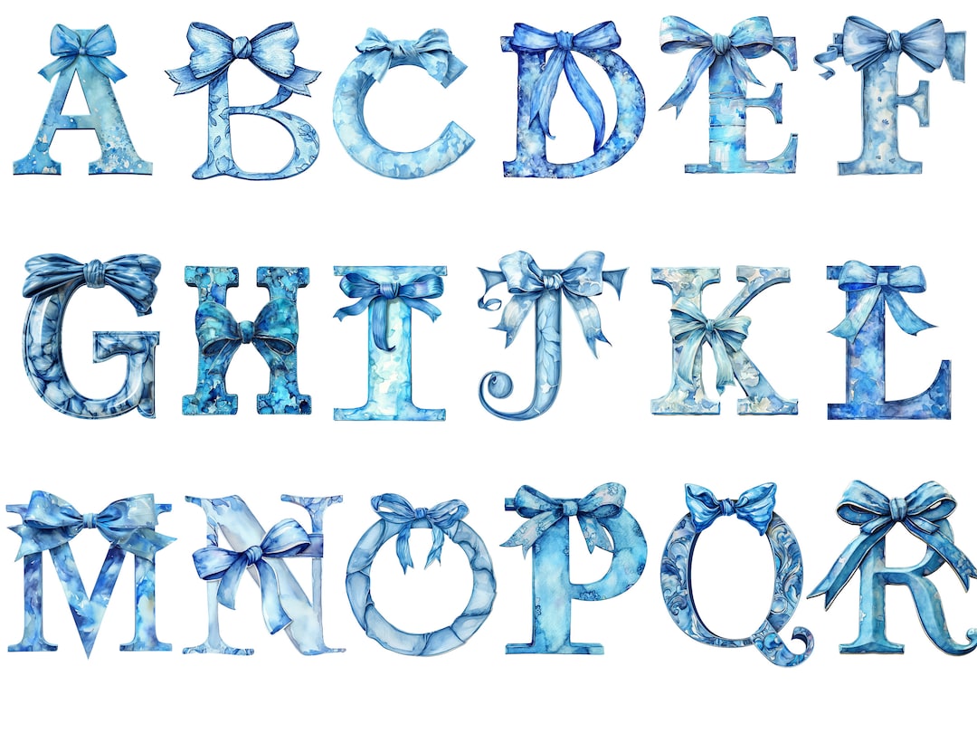 Watercolor Blue Bow Alphabet, Bow Letter Instant Download for
