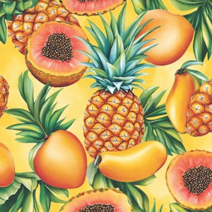 May include: A vibrant, seamless pattern featuring a variety of tropical fruits. The design includes whole and sliced pineapples, mangoes, and papayas, set against a bright yellow background with green leaves. The fruits are rendered in a realistic, painterly style.