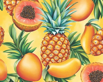 Tropisch fruit digitaal papier 18 png, ananas, papaja en mango naadloos patroon, sappige zomerachtergrond, felgeel vel