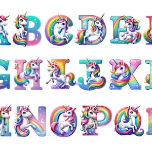 Imágenes prediseñadas del alfabeto de unicornio mágico / letras del arco iris / arte digital de unicornios lindos / imágenes PNG en un fondo transparente