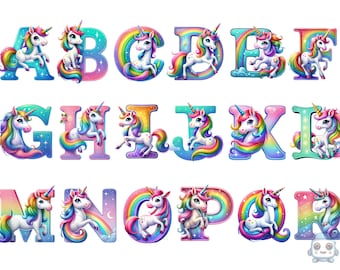 Magical Unicorn Alphabet Clipart | Rainbow Letters | Cute Unicorns Digital Art | PNG images on a transparent background