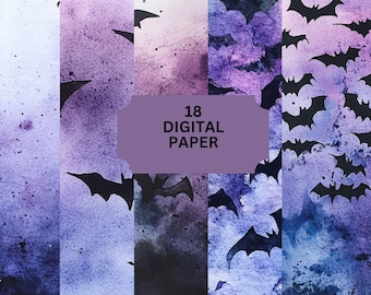 Bat Night Digital Paper – 18 Halloween Backgrounds with Flying Bats and Purple Skies for Journals & Crafts