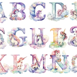 Watercolor unicorn alphabet clipart, fairy clipart, PNG images on a transparent background, instant download, 12x12, commercial use