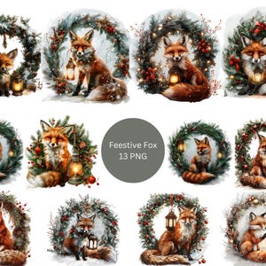 Renards en couronnes de clipart, clipart Noël, images individuelles PNG sur fond transparent, sublimation