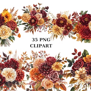 Autumn Floral Bouquet Clipart Set, 35 PNG Fall Watercolor Flowers, PNG digital files on transparent background, sublimation, commercial use