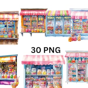 30 Candy Shop Aquarell Clipart, Candy Clipart, PNG Einzelbilder auf transparentem Hintergrund, Sublimation