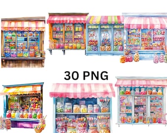 May include: A set of 30 watercolour illustrations of sweet shops with colourful striped awnings, jars of sweets, and lollipops. The shops have a vintage aesthetic and are perfect for adding a touch of whimsy to your designs.