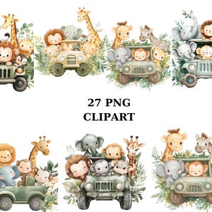 Clipart voiture animaux de safari, 27 images PNG, animaux de la jungle mignons dans des jeeps pour décoration de chambre d'enfant et baby shower, fond transparent