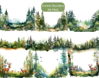 Watercolor Forest Borders Clipart, PNG digital files on transparent background, sublimation, commercial use