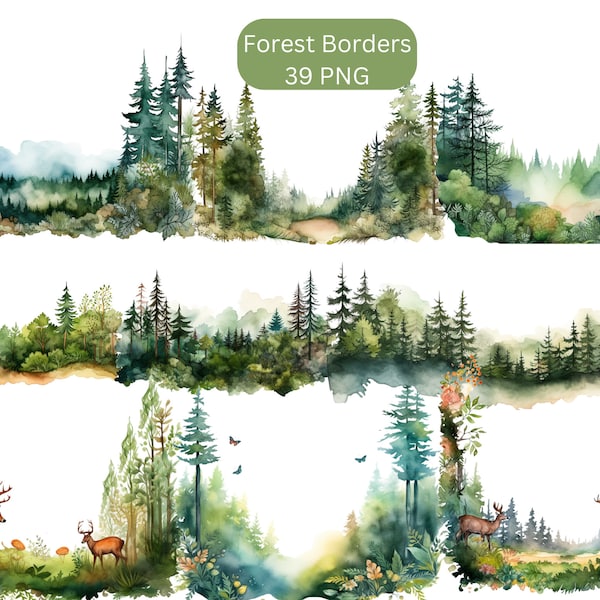 Watercolor Forest Borders Clipart, PNG digital files on transparent background, sublimation, commercial use