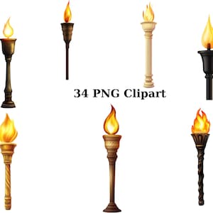 34 Torce Clipart, Fuoco Clipart, Immagini PNG individuali su sfondo trasparente, sublimazione
