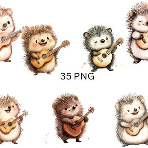 Muzikale egel clipart - schattige gitaar spelende egels - 35 afzonderlijke png-afbeeldingen op transparante achtergrond, sublimatie