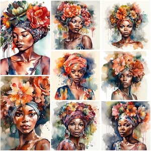 Pacchetto donne africane, acquerello, 8 bellissime immagini PNG, sfondo bianco, clipart, alta qualità, 12x12, uso commerciale