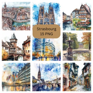 Aquarel Straatsburg Clipart, prachtige Frankrijk PNG individuele afbeeldingen op transparante achtergrond, sublimatie, commercieel gebruik