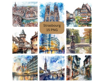 Watercolor Strasbourg Clipart, beautiful France PNG individual images on transparent background, sublimation, commercial use
