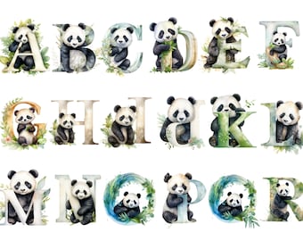 Watercolor Panda Alphabet in PNG for commercial use instant download High resolution, 12x12, commercial use