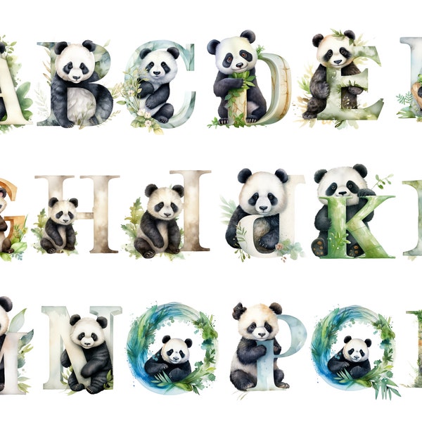 Alphabet panda aquarelle en PNG pour usage commercial Téléchargement instantané haute résolution, 12 x 12, usage commercial