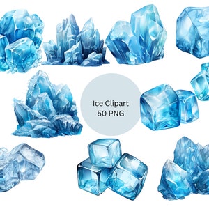 May include: Watercolor illustrations of ice crystals and ice cubes in various shapes and sizes. The ice is depicted in shades of blue and white, with a translucent appearance. The image includes the text "Ice Clipart 50 PNG".