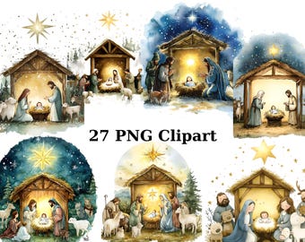 27 Nativity Scenes Watercolor Clipart, Christian Clipart, PNG individual images on transparent background, sublimation