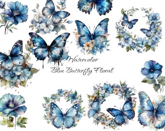 Watercolor Blue Butterfly Floral Clipart, PNG digital files, flowers, butterflies, scrapbook, invitations, commercial use