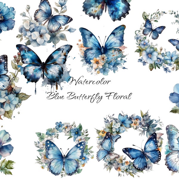 Watercolor Blue Butterfly Floral Clipart, PNG digital files, flowers, butterflies, scrapbook, invitations, commercial use