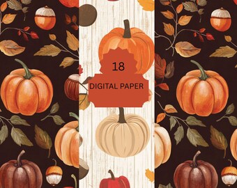 Autumn Pumpkin Digital Paper Pack - Fall Leaves and Rustic Backgrounds for Thanksgiving Crafts, Cards and Scrapbooking