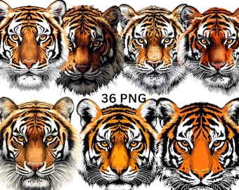 Tiger PNG Clipart Bundle, Wild Tiger Faces PNG, Jungle Animal Art, , Transparent Background,Commercial Use, Instant Download