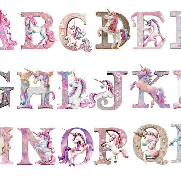 Glitter Unicorn Alphabet Clipart, unicorn Letters, transparent background, high quality, clipart, 12x12, commercial use